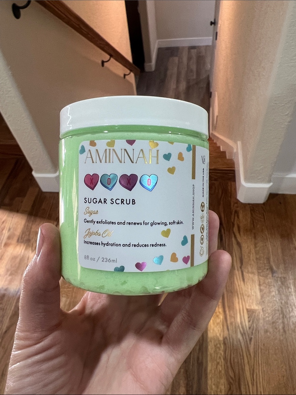 New AMINNAH Skincare “XOXO” Candy Heart Scented Exfoliating Sugar Scrub 8oz
